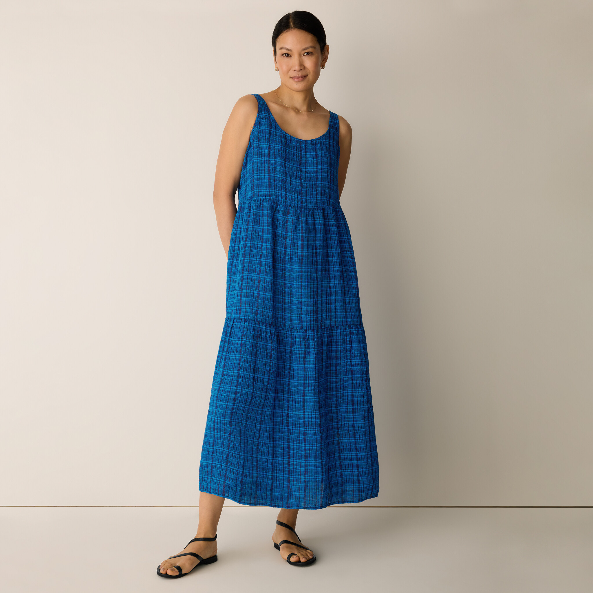 Puckered Organic Linen Plaid Tiered Dress | Eileen Fisher