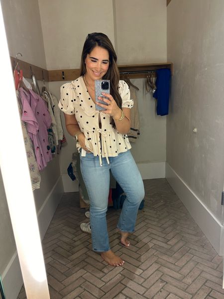 The sweetest top with a little spice 💃🏻 I did a medium in. Fit just right, if you have larger arms I suggest sizing up. These Mother jeans never fail me, the perfect amount of stretch and makes your boot look 👀 🔥 size up 

#LTKsalealert #LTKstyletip #LTKSpringSale
