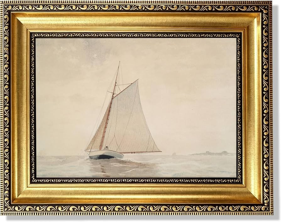 Gold Framed White Sailboat Seascape Wall Art Vintage Coastal Canvas Prints | Amazon (US)