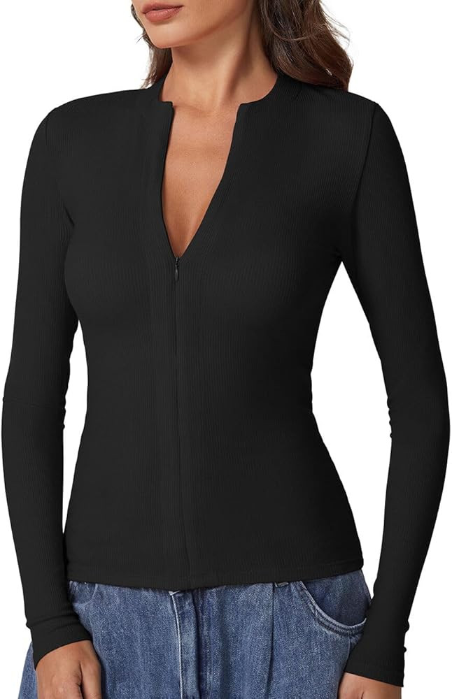 QINSEN Long Sleeve Shirts for Women Crewneck Half Zipper Ribbed Knit Going Out Tops Full Length B... | Amazon (US)