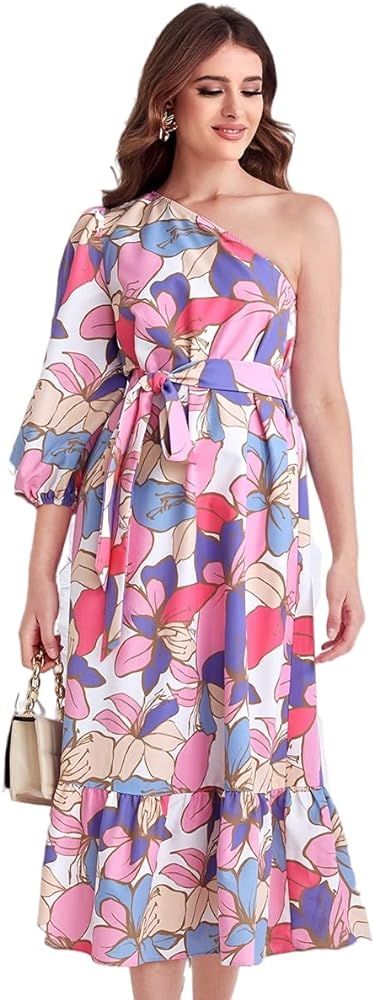 WDIRARA Women's Floral Print One Shoulder Ruffle Hem Lantern Sleeve Belted A Line Elegant Dress | Amazon (US)