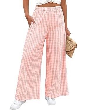 EVALESS Women's Wide Leg Palazzo Pants Casual Elastic High Waisted Cotton Gingham Plaid Culottes ... | Amazon (US)
