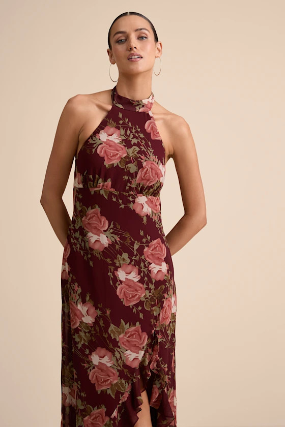 Elegant Entrance Wine Red Floral Print Halter Maxi Dress | Lulus