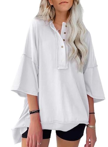 SHEWIN Womens Summer Tops 2024 Fashion Oversized Tshirts for Women Henley Neck Womens T Shirts A ... | Amazon (US)