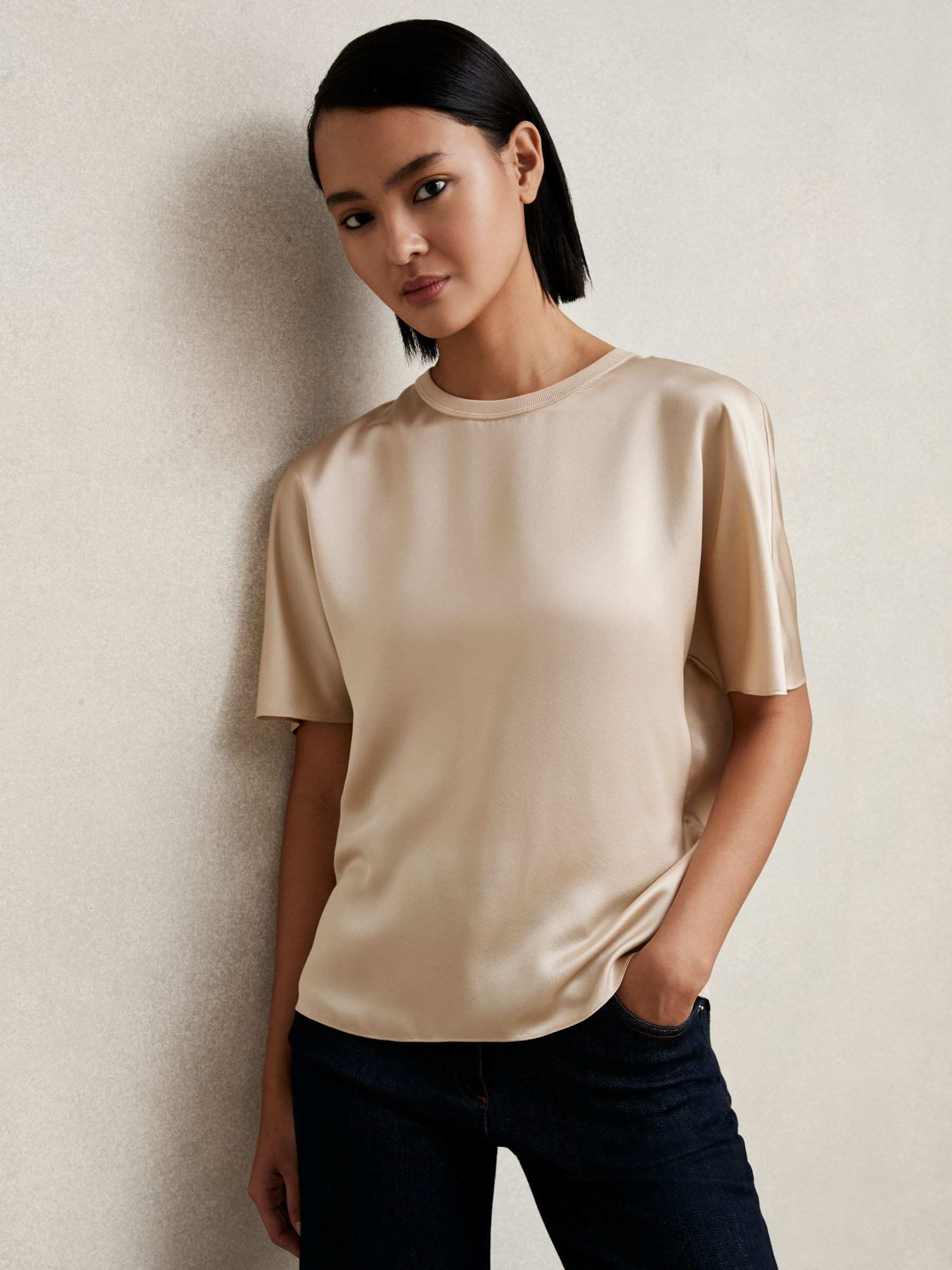 Reiss Silk Short-Sleeve Top in Champagne Neutral | REISS | Reiss US