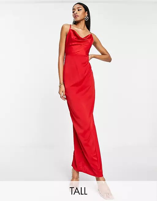 NaaNaa Tall - Lange jurk van satijn met gedrapeerde halslijn in rood | ASOS (Global)