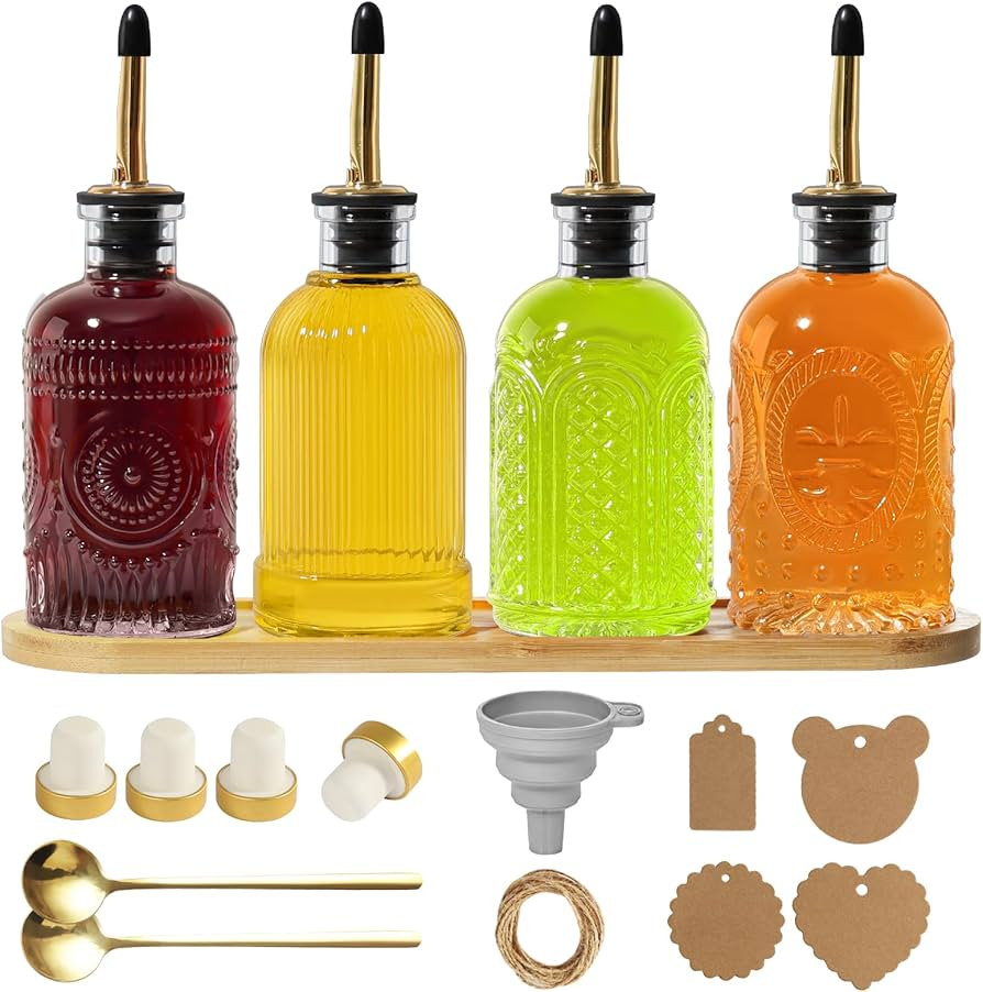 Coffee Syrup Dispenser for Coffee Bar, 4 Pack Glass Syrup Dispensers Bottles with Bamboo Tray, 7 ... | Amazon (US)