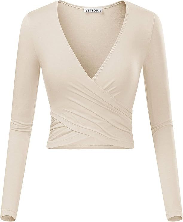 VETIOR Women's Deep V Neck Long Sleeve Unique Slim Fit Cross Wrap Shirts Crop Tops | Amazon (US)