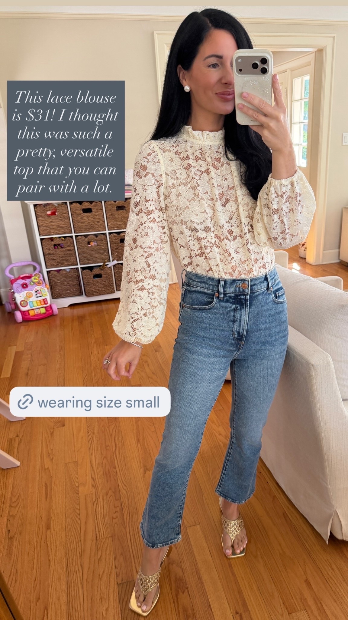 This lace blouse is $31! I thought this was such a pretty, versatile top that you can pair with a lot.