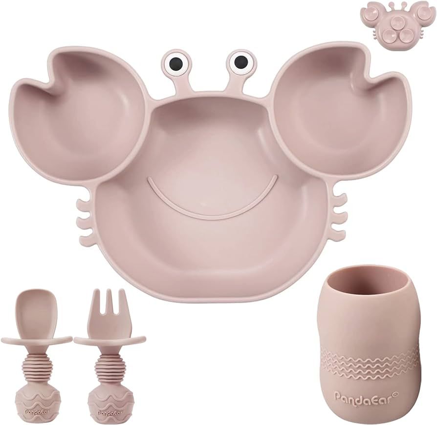 PandaEar Silicone Baby Feeding Set| Silicone Divided Suction Crab Plate and Tiny Cup with Spoons ... | Amazon (US)
