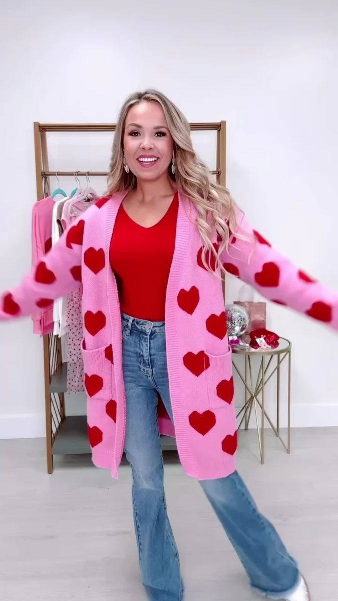 Queen Of Hearts Long Line Cardigan - Pink/Red | Whiskey Darling Boutique