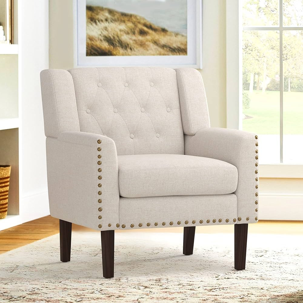 LUE BONA upholstered Linen Accent Chair, Linen Color Living Room Chair 18.5", Comfy Button Tufted... | Amazon (US)