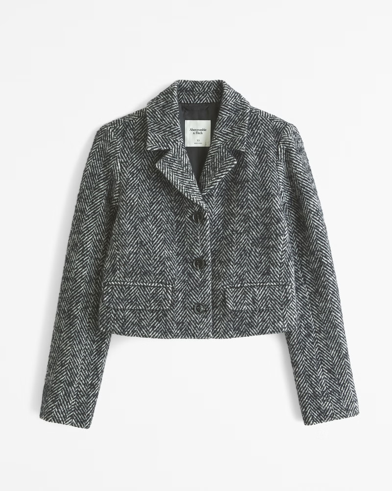 Abercrombie & Fitch Women's Cropped Wool-Blend Blazer Coat in Black Herringbone - Size XXS | Abercrombie & Fitch (US)
