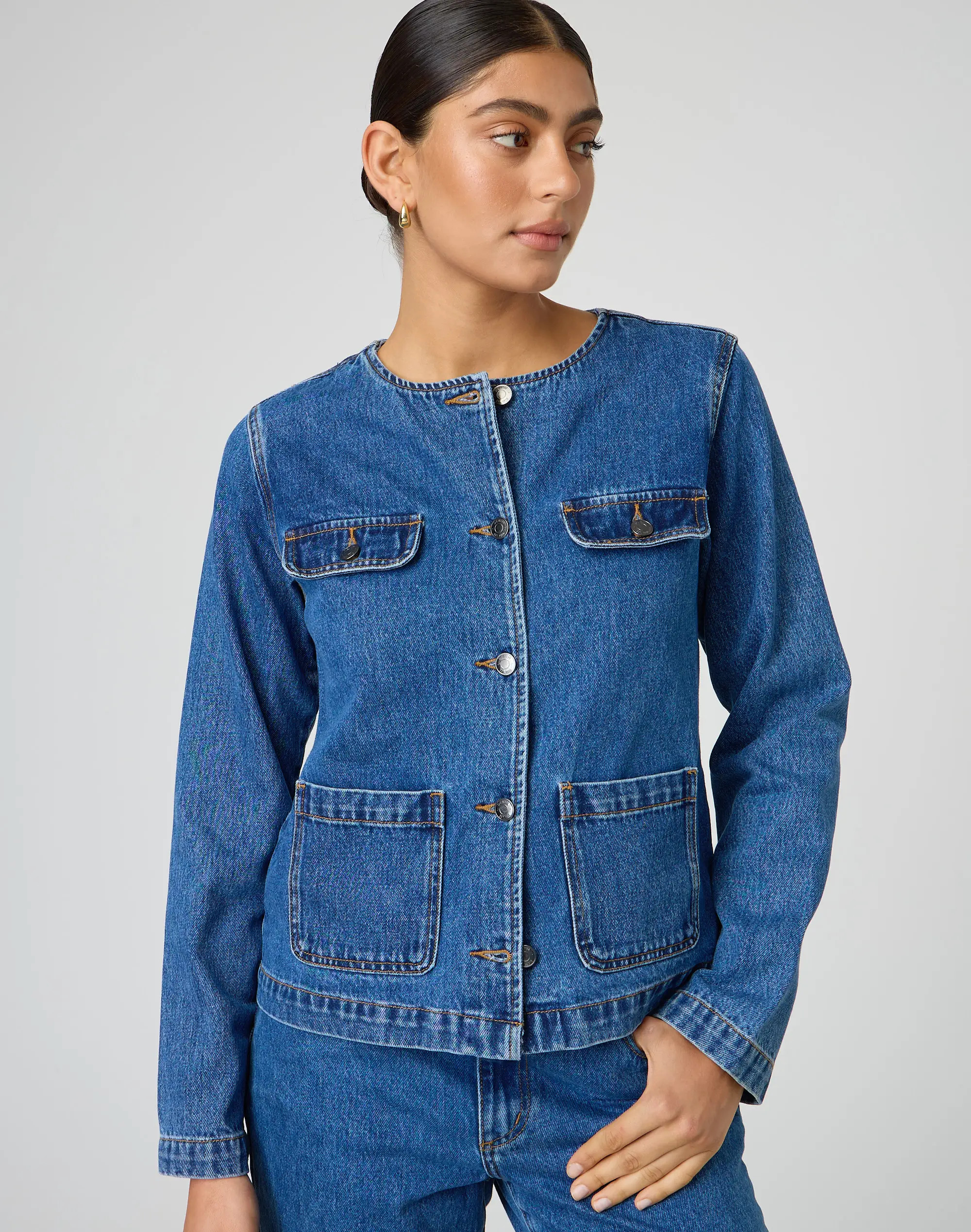 High Neck Fitted Denim Jacket | Glassons (Australia)