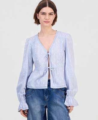 Women's Cotton Lace-Trim Tie-Front Top | Macy's
