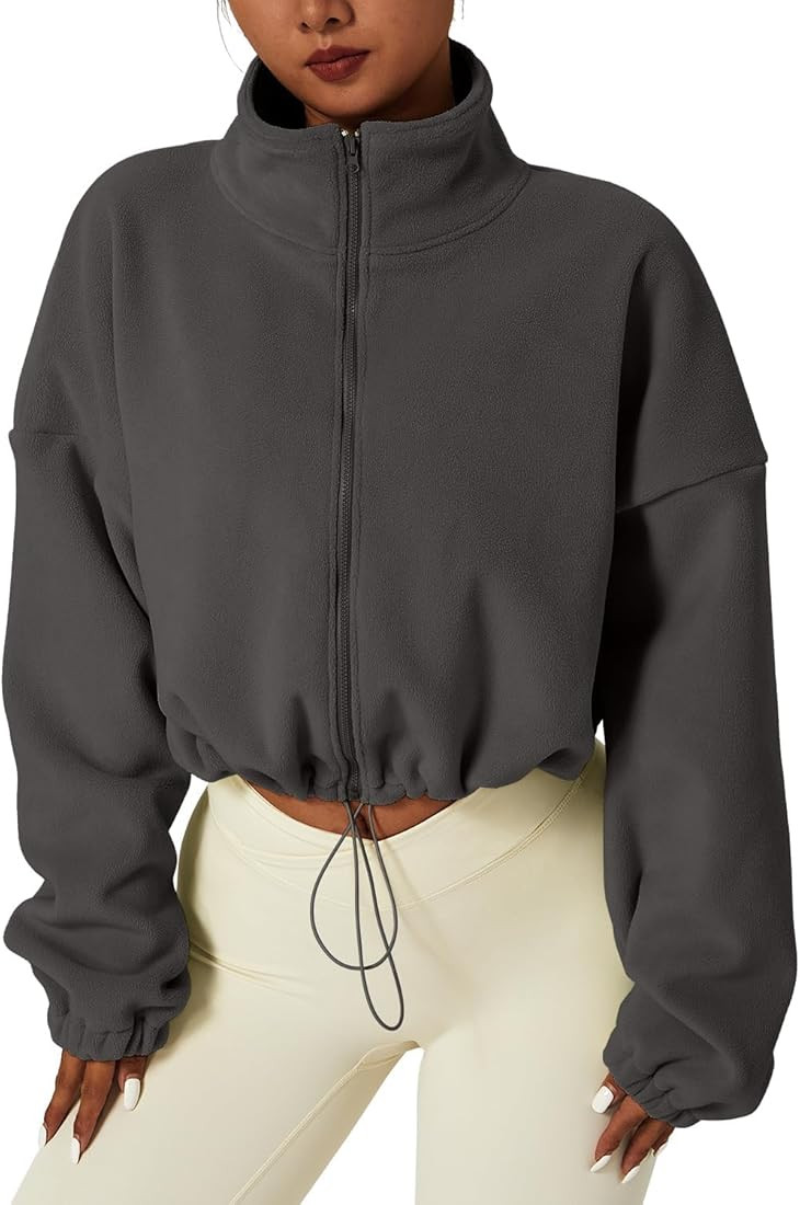 QINSEN Women's Full Zip Fleece Short Jacket Warm Winter Long Sleeve Stand Collar Sherpa Crop Coat | Amazon (US)