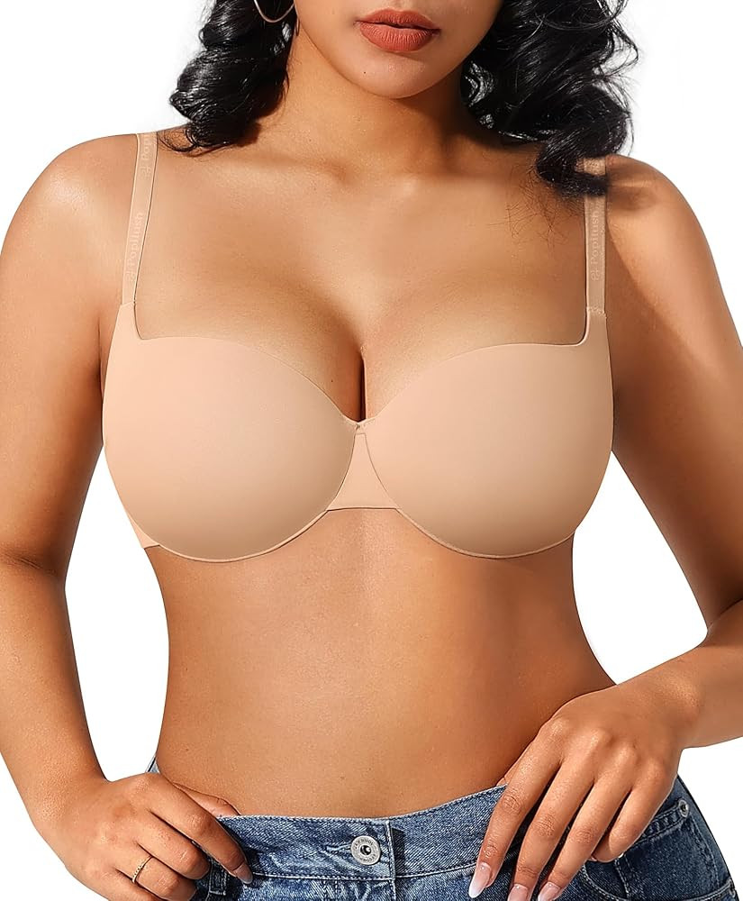 Popilush Push Up Bra Balconette Underwire Demi Seamless T-Shirt Bras | Amazon (US)