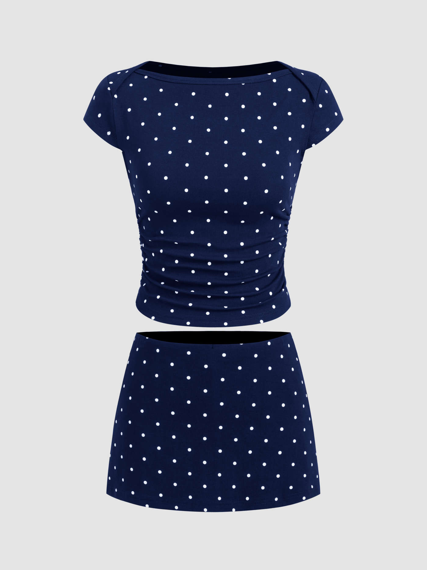 Cotton-blend Boat Neck Polka Dot Ruched Tee & Mini Skort | Cider