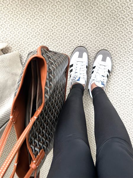 It sneakers all over Paris that are super comfy. Adidas sambas, faux leather leggings, goyard bag 