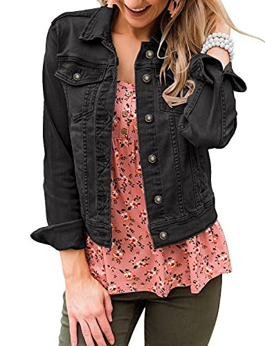 LookbookStore Black Jean Jacket Women Stretchy Denim Jacket Spring Stretchy Denim Classic Trucker Jackets Black Jean Jackets for Women Lightweight Size M Size 8 10 | Amazon (US)