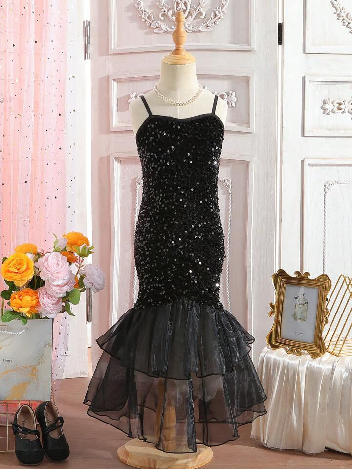Young Girl's Elegant Mermaid Sequin Strap Formal Dress, Suitable For Flower Girl, Host, Party, Bi... | SHEIN