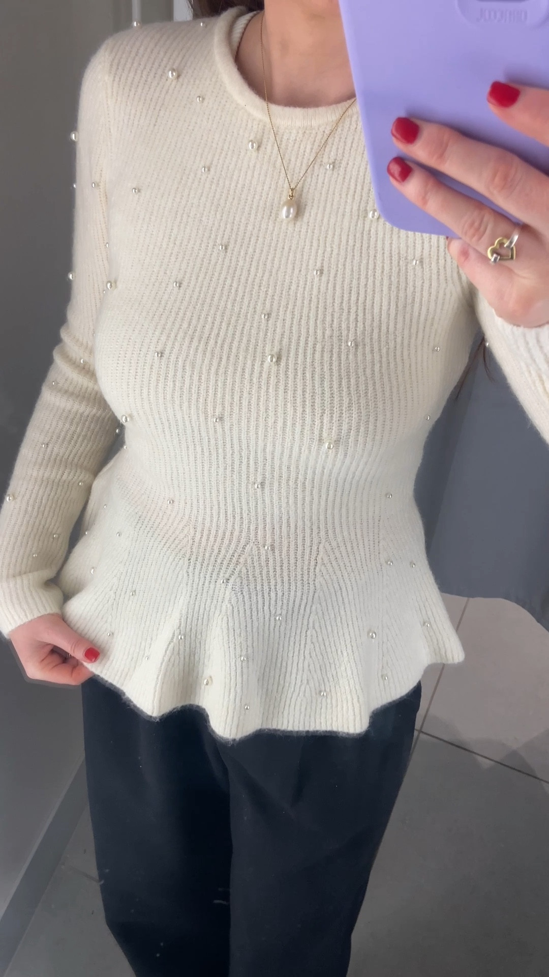 New in from H&M this cream peplum sweater with delicate pearl embellishments is a feminine, polished knit that pairs effortlessly with wide-leg trousers; wearing a size small. 🤍🍸 H m outfits, sweater weather, knitwear

#LTKuk #LTKfestive #LTKwinter