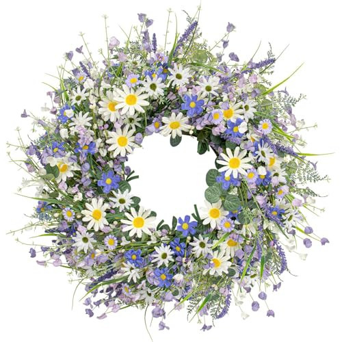 28 Inch Large Spring Wreaths for Front Door Spring Door Wreath Summer Floral Wreath with White Sunflower Lanvender Wildflowers for Indoors Outdoor Home Decorations | Amazon (US)