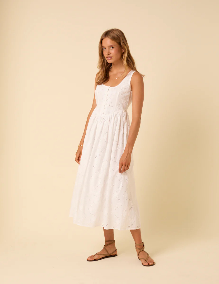 White Broderie Anglaise Drop Waist Cora Midi Dress | Nobody's Child