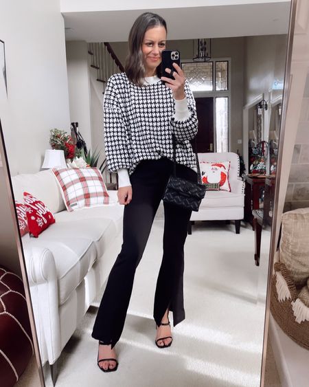 Winter holiday outfit - amazon houndstooth sweater (true to size wearing a small), Walmart pull in black pants (true to size wearing a small), amazon heels (true to size) 

#LTKHoliday #LTKSeasonal #LTKstyletip
