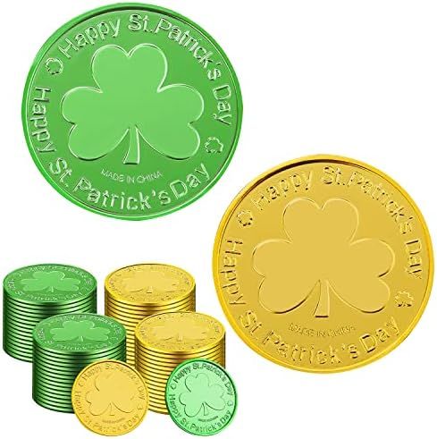 St. Patrick's Day Gold Coins - 100 Pieces Gold Green Lucky Coins Plastic Shamrock Leprechaun Coins,  | Amazon (US)