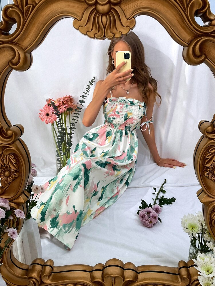 Random Brush Print Shirred Ruffle Tie Shoulder Cami Dress | SHEIN