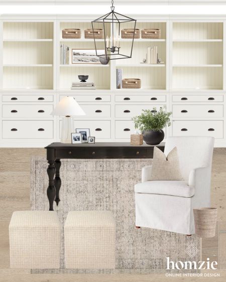 Modern Classic home office design with traditional desk, white skirted desk chair, white bookcase storage, and neutral decor for light & airy look  

#LTKhome #LTKunder100 #LTKFind