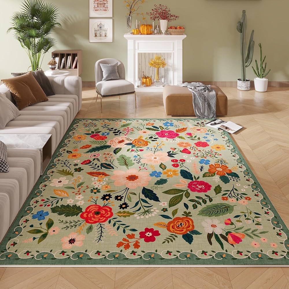 Living Room Rug 6x9 Rug Machine Washable Boho Area Rug Non Slip Floral Vintage Low Pile Large Rug... | Amazon (US)