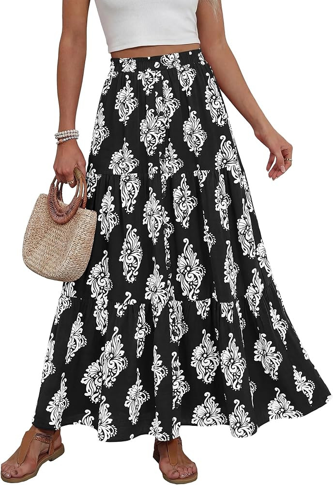 BTFBM Maxi Skirts for Women Summer Outfits Elastic High Waist A Line Boho Beach Vacation Cruise F... | Amazon (US)