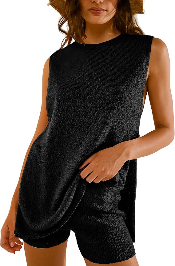 UANEO Women 2 Piece Outfits Lounge Sets Summer Knit Sleeveless Top and Shorts Sweater Set | Amazon (US)