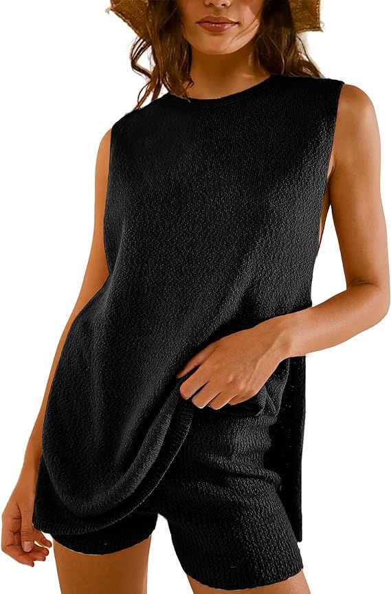 UANEO Women 2 Piece Outfits Lounge Sets Summer Knit Sleeveless Top and Shorts Sweater Set | Amazon (US)