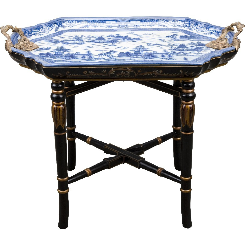 CHINOISERIE BLUE WILLOW PORCELAIN TRAY TABLE ON WOOD STAND WITH BRONZE ORMOLU | eBay US