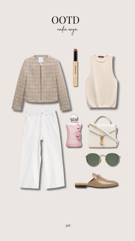 Neutral cream spring ootd - mango tweed jacket & knit tank top, white cropped white leg jeans, beige gucci Princetown loafers, ysl cream handbag, Delina exclusif perfume, hourglass phantom glossy balm, round rayban sunglasses & monica vinader chunky gold hoop earrings  

#LTKstyletip #LTKeurope #LTKSeasonal