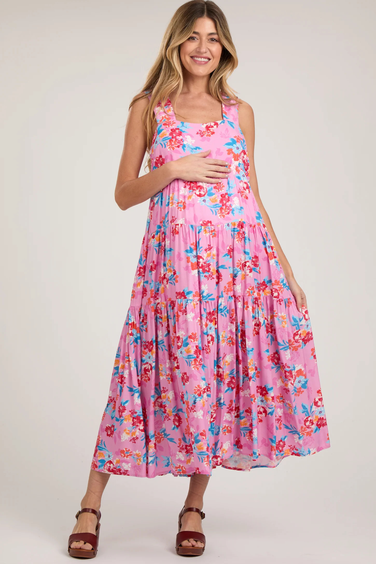 Pink Floral Sleeveless Tiered Maternity Maxi Dress | PinkBlush Maternity