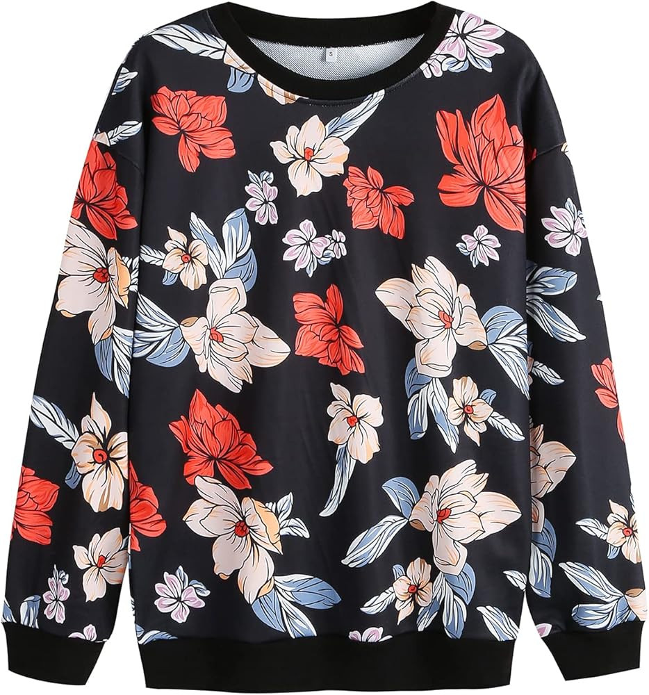 Women Floral Print Crewnecks Sweatshirts Spring Casual Loose Sports Black Pullover Tops | Amazon (US)