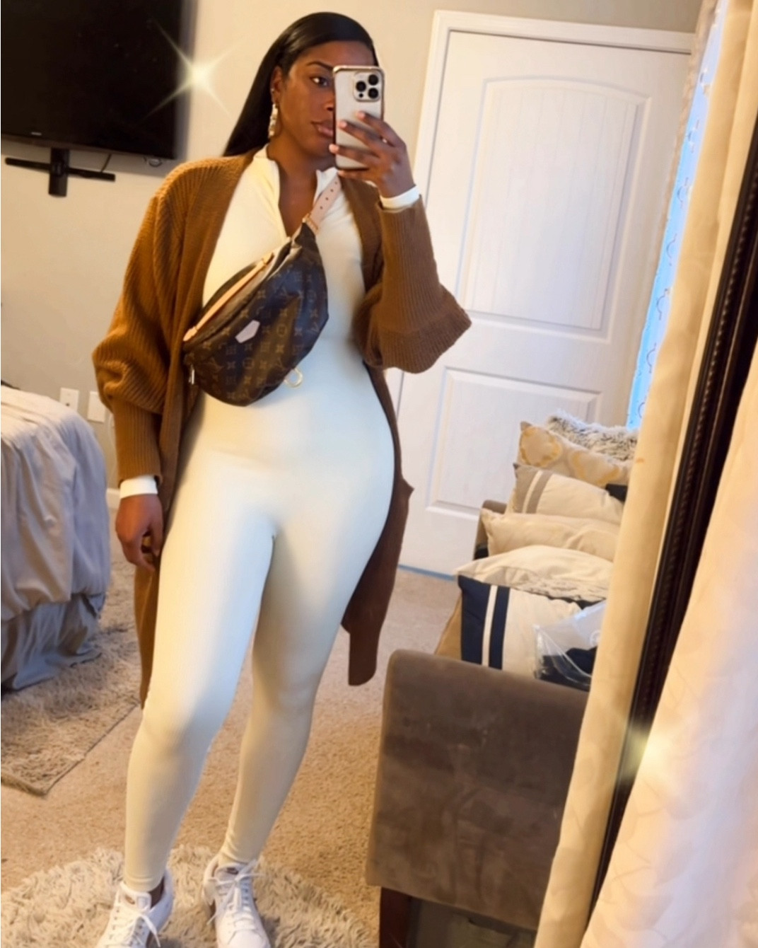 Cream and Brown casual Winter outfit 🤎 , brown cardigan, cream jumpsuit, Louis Vuitton Bumbag, Nike Court Legacy platform sneakers 