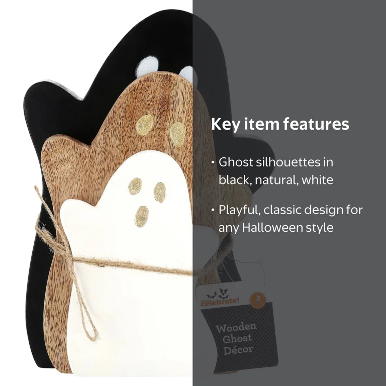 Wooden Ghost Decoration Set, Black/Natural/White, 3 Pieces, Halloween by Way To Celebrate | Walmart (US)