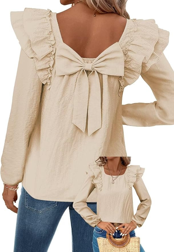 Womens Bow Tie Back Tops Square Neck Long Ruffle Sleeve Shirts Cute Babydoll Chiffon Texture Wome... | Amazon (US)