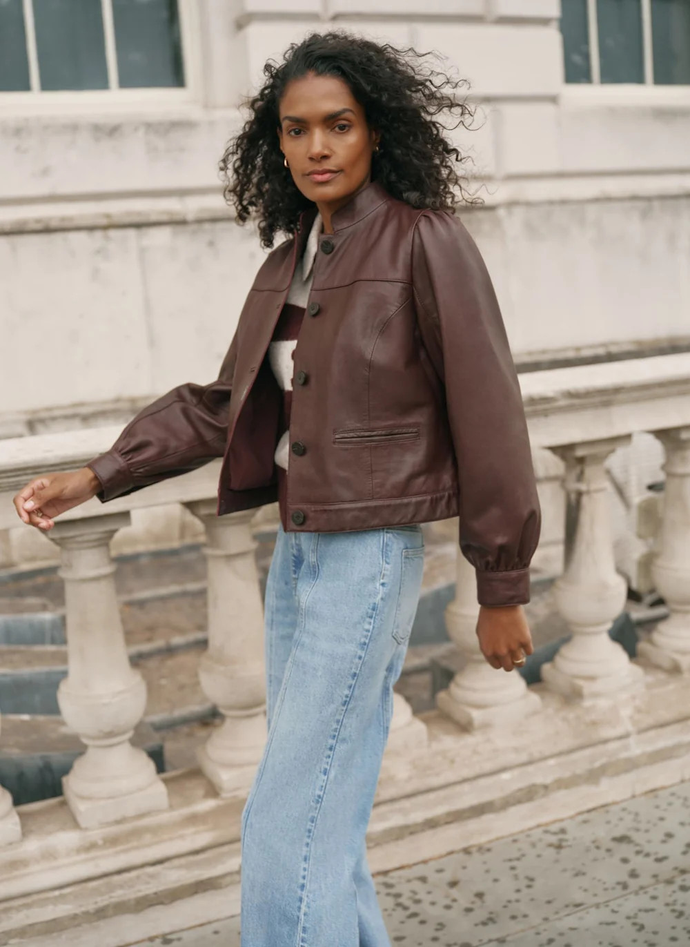 Burgundy Leather Stand Collar Jacket | Mint Velvet