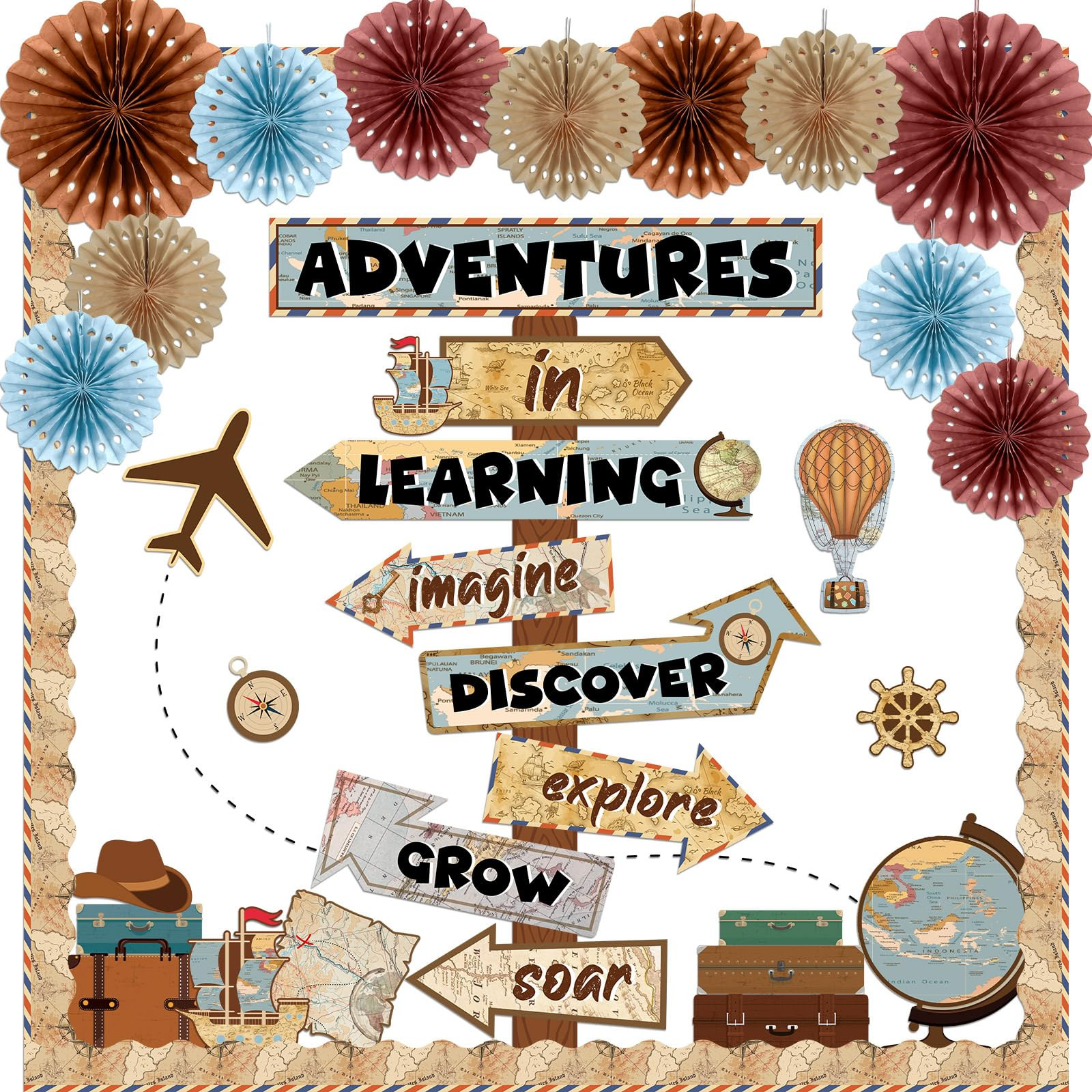 119Pcs Travel The Map Bulletin Board Kit 3D Classroom Decoration Honeycomb Paper Fans Let The Adventure Begin Cutouts with Tissue Paper Set Let's Explore Voyage Vintage School Chalkboard Wall Supplies | Amazon (US)