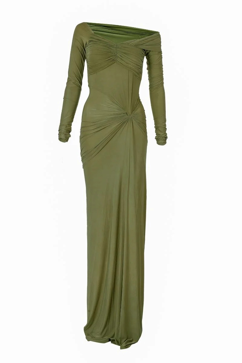 CONNIE OLIVE OFF-SHOULDER DRAPED MAXI DRESS | Deme By Gabriella | CULT MIA | CULT MIA UK LTD