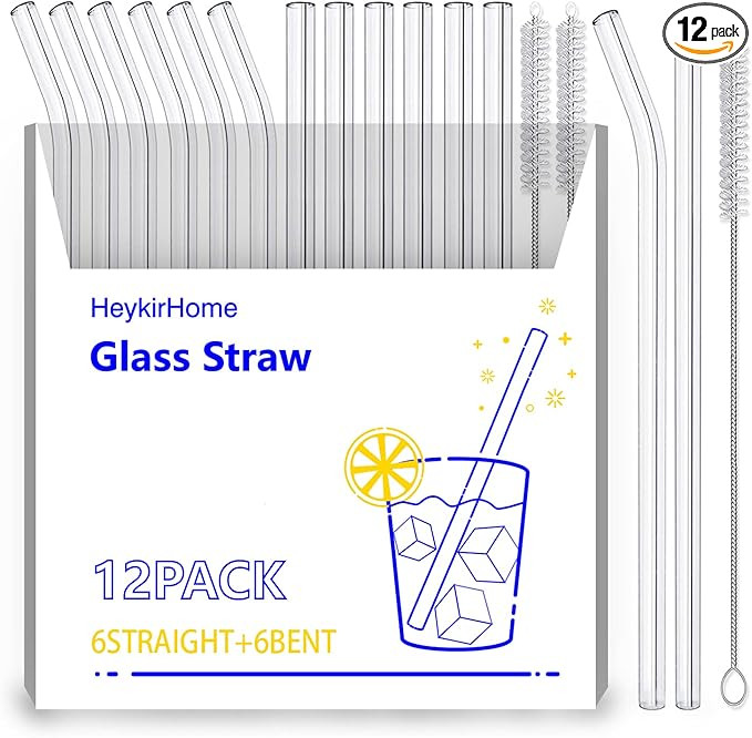 HeykirHome 12-Pack Disposable Glass Straw,Size 8.5''x10 MM,Including 6 Straight and 6 Bent with 2... | Amazon (US)