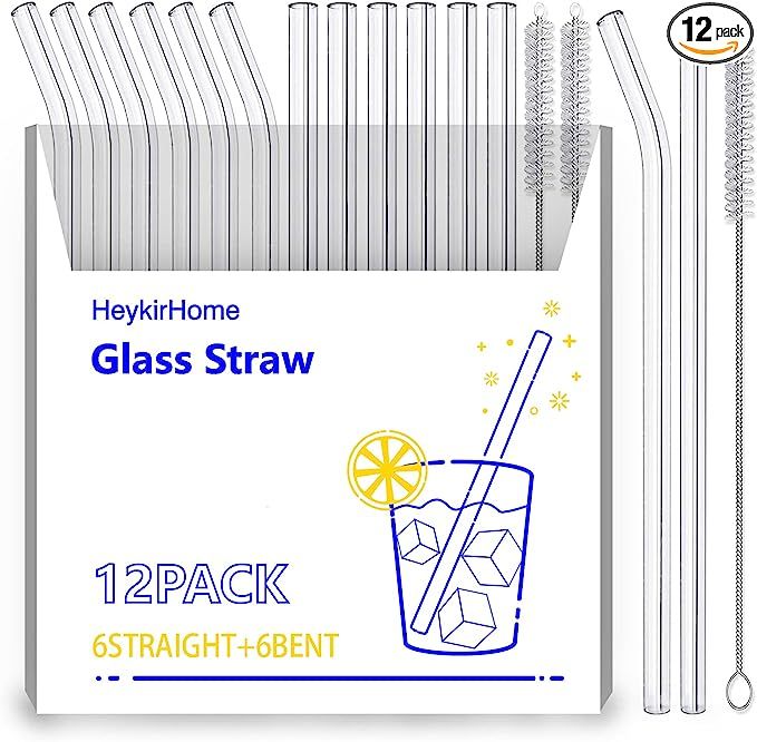 HeykirHome 12-Pack Disposable Glass Straw,Size 8.5''x10 MM,Including 6 Straight and 6 Bent with 2... | Amazon (US)