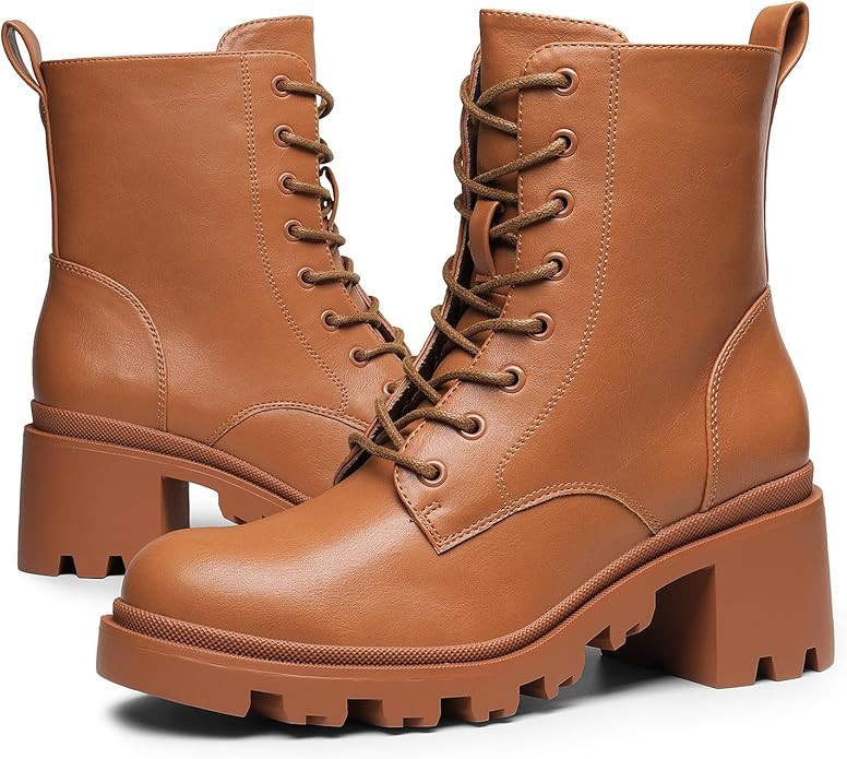 DREAM PAIRS Women's Lug Sole Combat Ankle Bootie Lace up Low Chunky Block heels Side Zipper Boots... | Amazon (US)