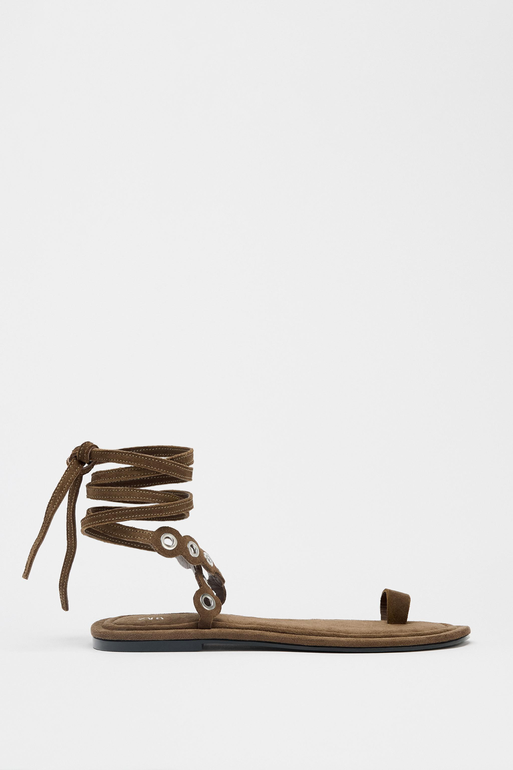 LEATHER SANDALS WITH METAL EYELETS | Zara US